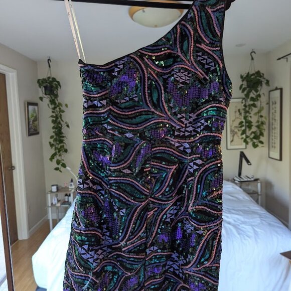 NWT Make a Statement Black Sequin One-Shoulder Bodycon Mini Dress - Picture 9 of 9
